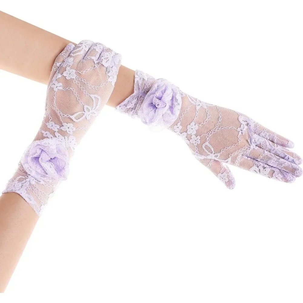 Women's Purple Floral Lace Opera Elegant Evening Party Prom Gloves Accessories - Picture 2 of 6